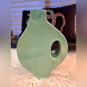 Abstract light turquoise colored vase 10” tall